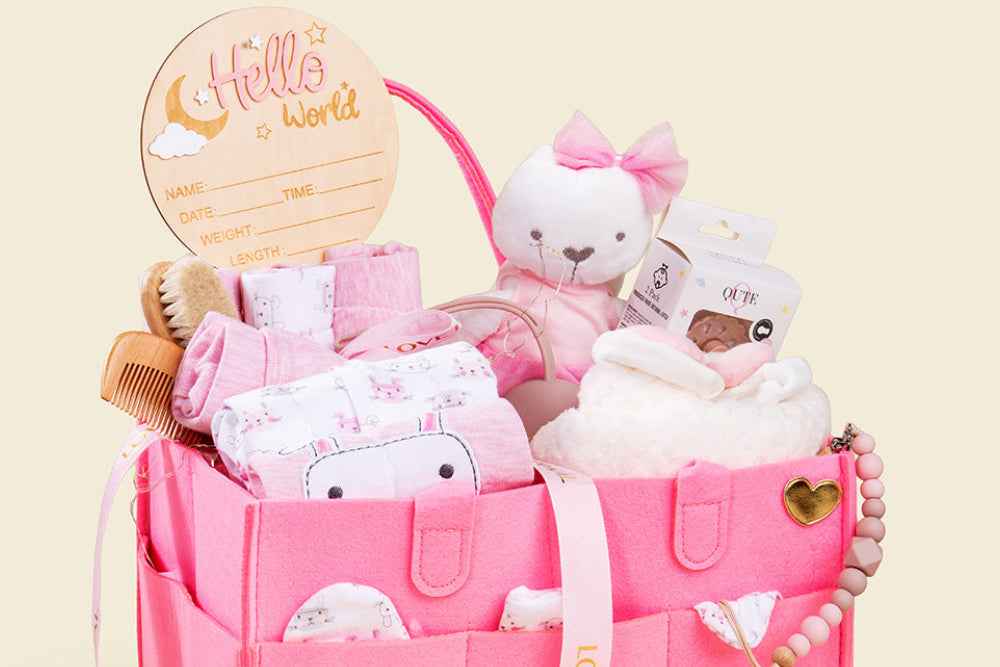 Luxury baby girl gift set in hot pink felt diaper caddy organizer with plush cat and newborn accessories by Plaza Hollandi x Qute for baby girl gifts in Doha Qatar