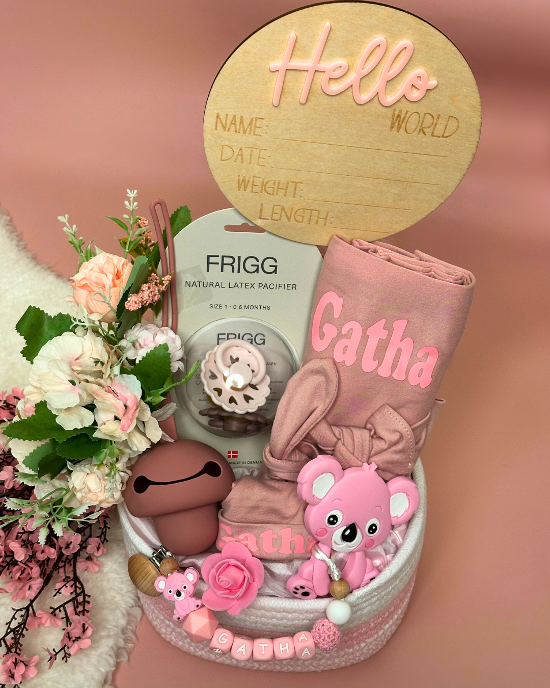 Snuggles & Cuddles Baby Basket Gift Set - Dusty Pink with 11 Premium Essentials