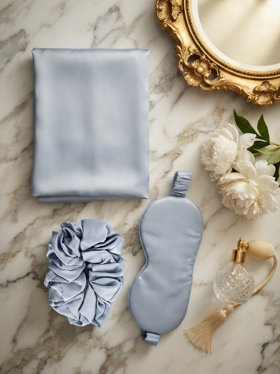 Luxury 100% mulberry silk self-care gift set in sky blue by Qute Qatar, featuring a sky blue silk pillowcase, eye mask, and scrunchie inside a luxury gift box for postpartum and birthday gifting in Doha.
