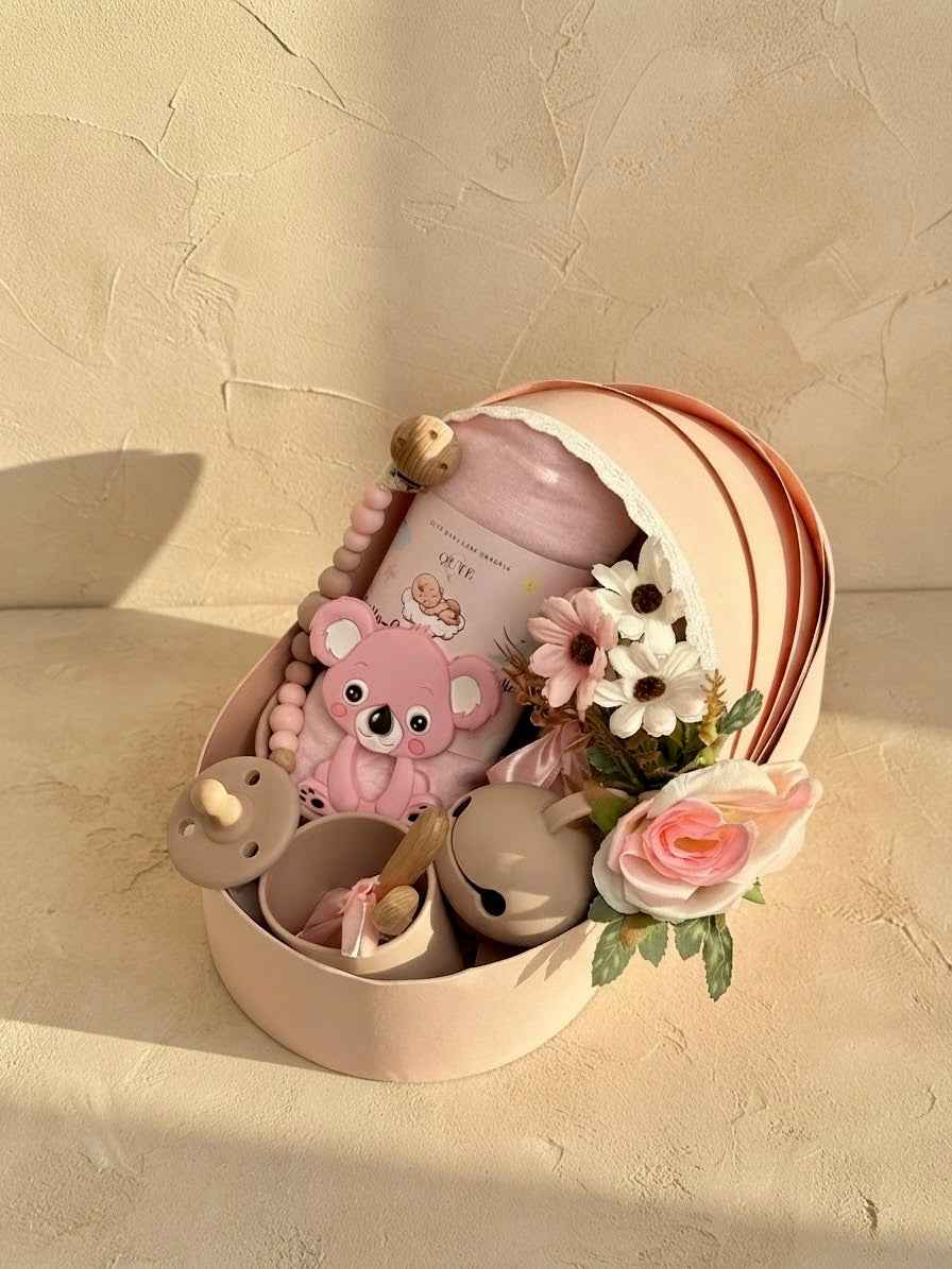 The Koala Explorer Cradle Gift Set with Silicone Feeding Set - Blush Pink | Newborn Baby Girl Hamper