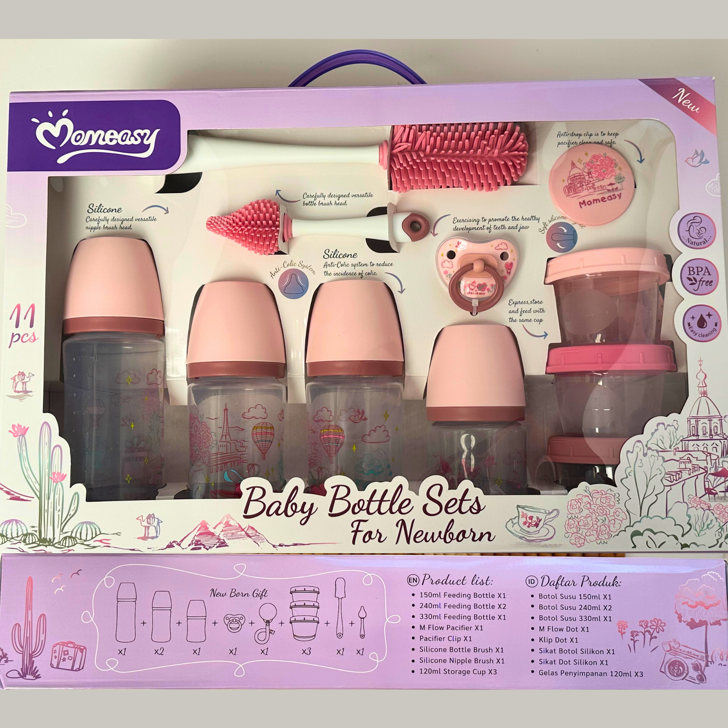 11- pieces -Comfort and Care - Baby Bottle Set - Large -Pink