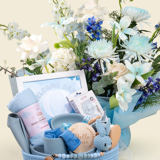 19-piece - Baby Boy Keepsake Basket with Bouquet