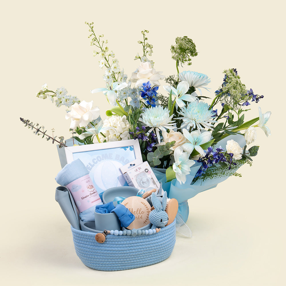 19-piece - Baby Boy Keepsake Basket with Bouquet