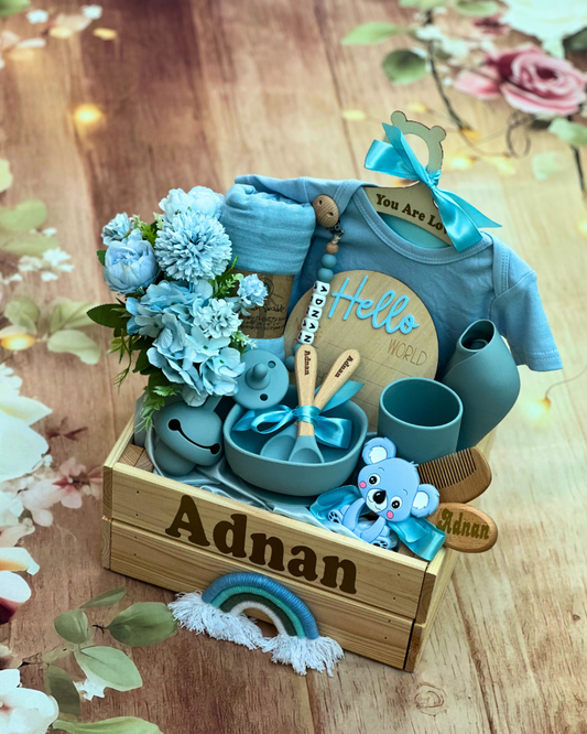 18 pieces - Bundle of Joy - Baby Boy Gift Basket - Dusty Blue