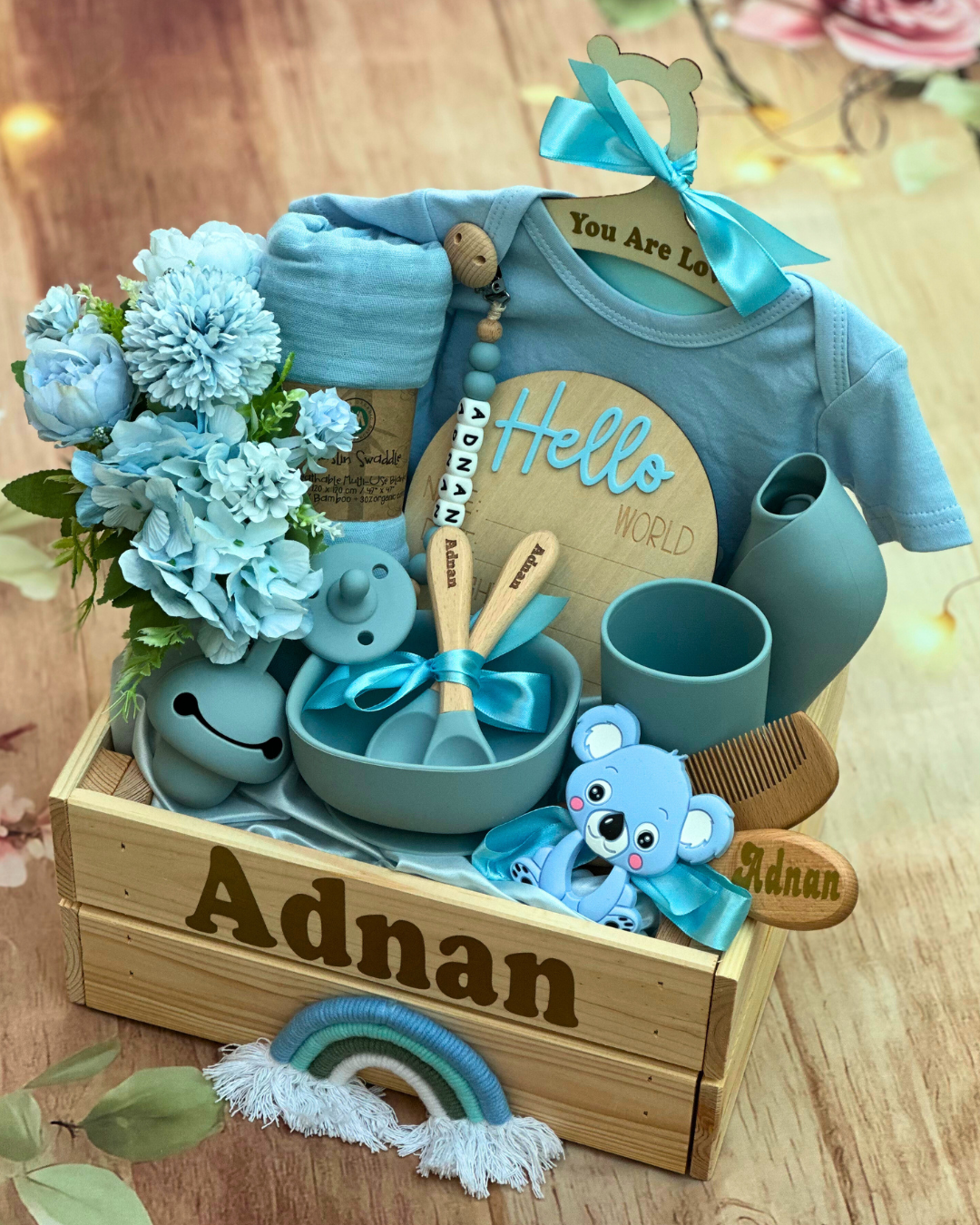 18 pieces - Bundle of Joy - Baby Boy Gift Basket - Dusty Blue