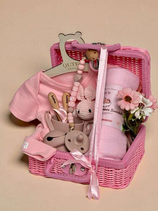 Little Miracles - Baby Girl Clothing & Feeding Essentials with keepsake basket