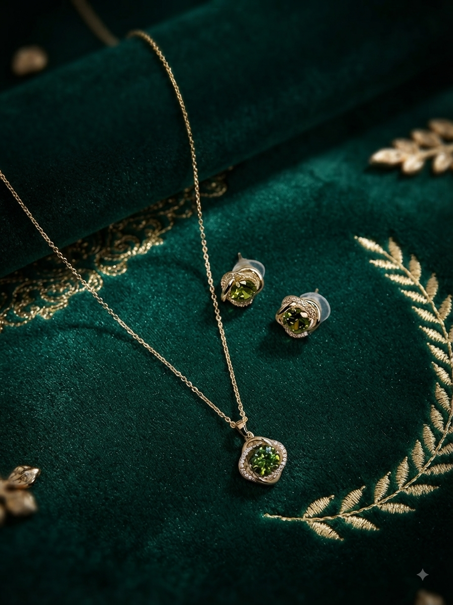 Elara jewelry set displayed on deep green velvet featuring a gold chain necklace with a brilliant deep green central crystal surrounded by a sparkling pave twist frame, and matching stud earrings with deep green stones in Doha Qatar