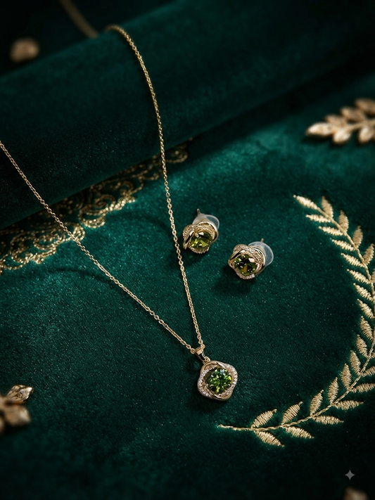Elara jewelry set displayed on deep green velvet featuring a gold chain necklace with a brilliant deep green central crystal surrounded by a sparkling pave twist frame, and matching stud earrings with deep green stones in Doha Qatar