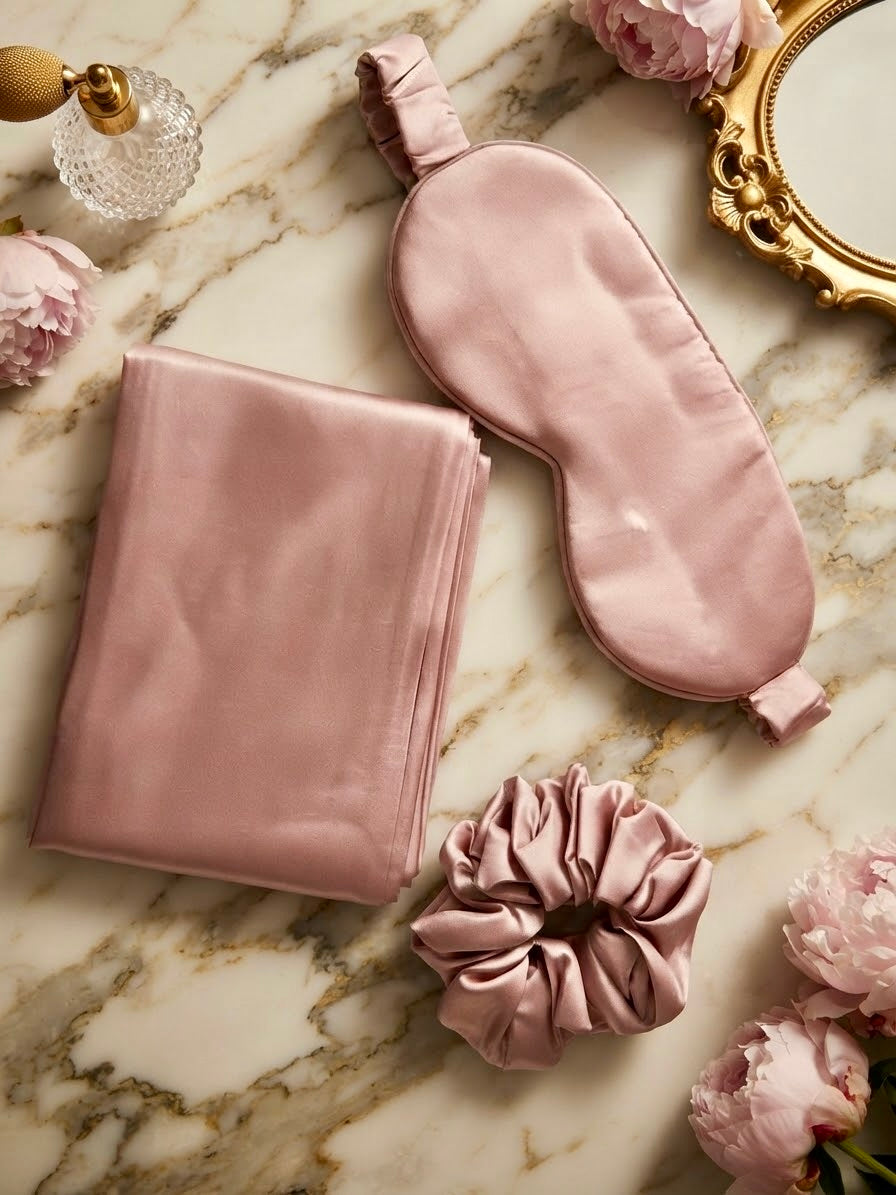 Luxury 100% mulberry silk self-care gift set for women by Qute Qatar, featuring a pink silk pillowcase, eye mask, and scrunchie inside a luxury gift box for postpartum and birthday gifting in Doha.