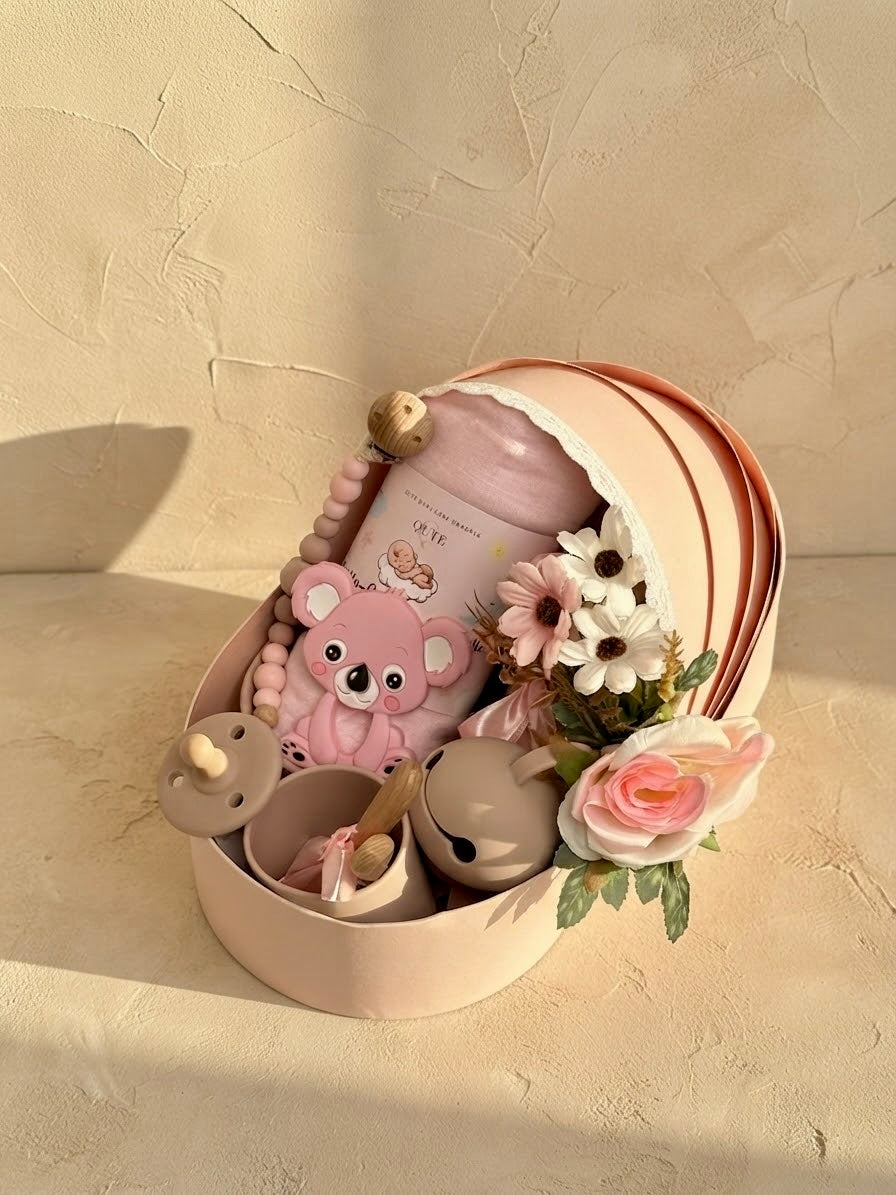 The Koala Explorer Cradle Gift Set with Silicone Feeding Set - Blush Pink | Newborn Baby Girl Hamper
