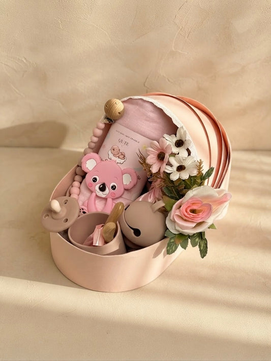 The Koala Explorer Cradle Gift Set with Silicone Feeding Set - Blush Pink | Newborn Baby Girl Hamper