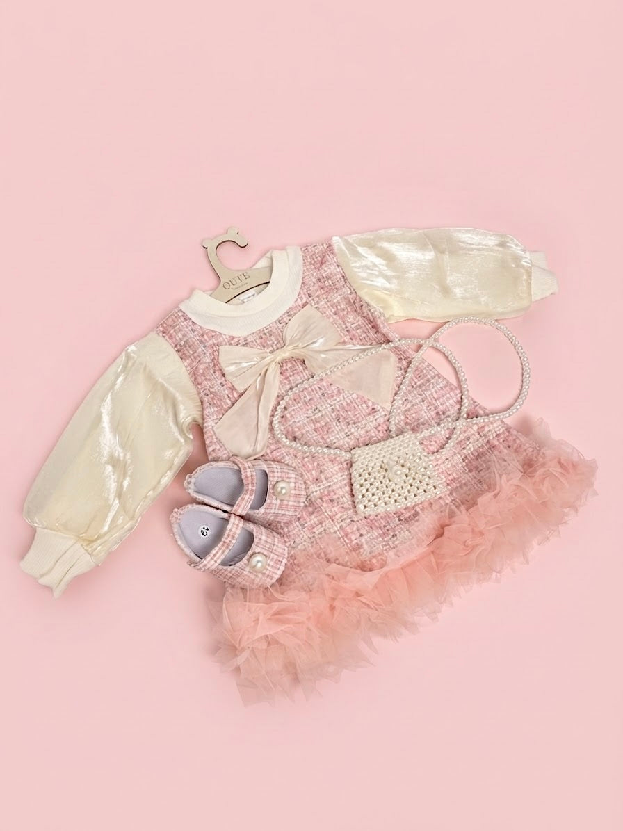 Luxury first birthday baby girl gift set by Qute Qatar with personalized packaging, featuring a 12-18 months pink tweed dress, matching pearl shoes, and handbag for delivery in Doha.