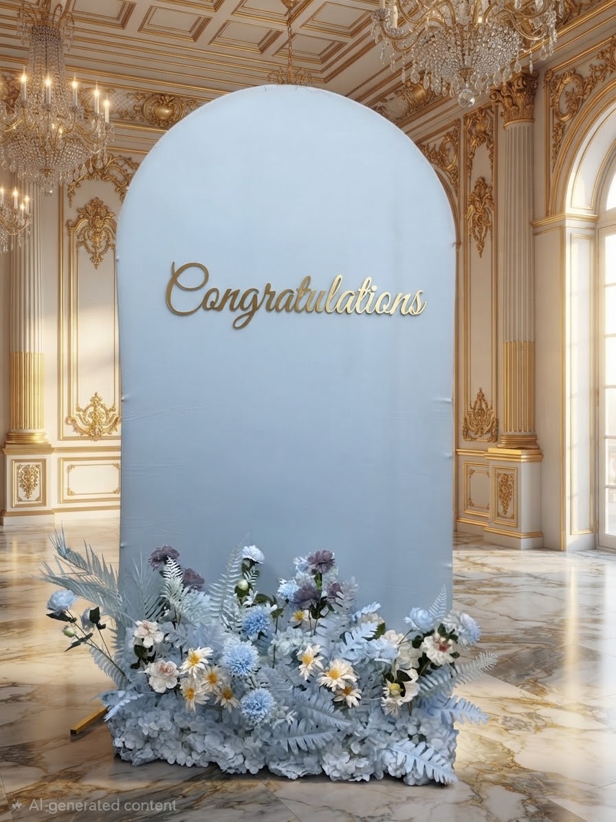 Luxury blue arch backdrop with a "Congratulations" sign and faux floral base by Qute Qatar, featuring artificial blue and white roses and foliage designed for weddings, engagements, and baby showers in Doha.  