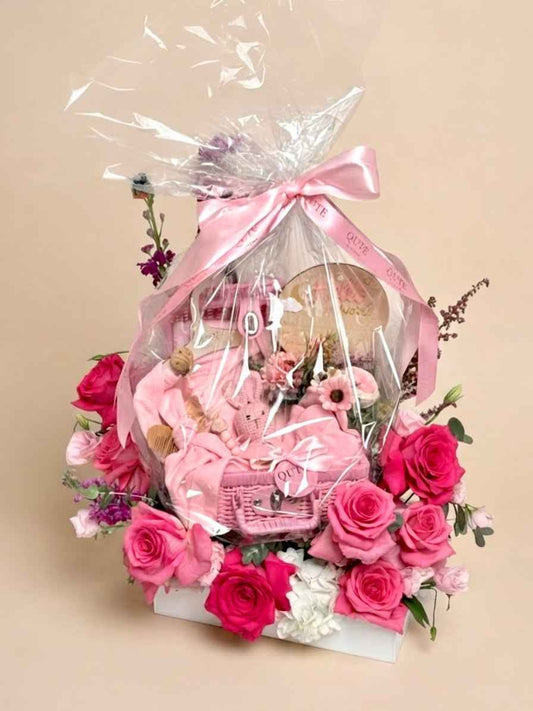 Baby Blossom Basket – "Pink Heirloom & Bunny" Luxury Gift Set | Floral Art by Plaza Hollandi