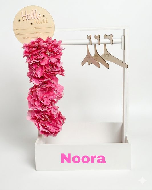 Premium Wood Basket with name, flowers,Hello World card, hangers